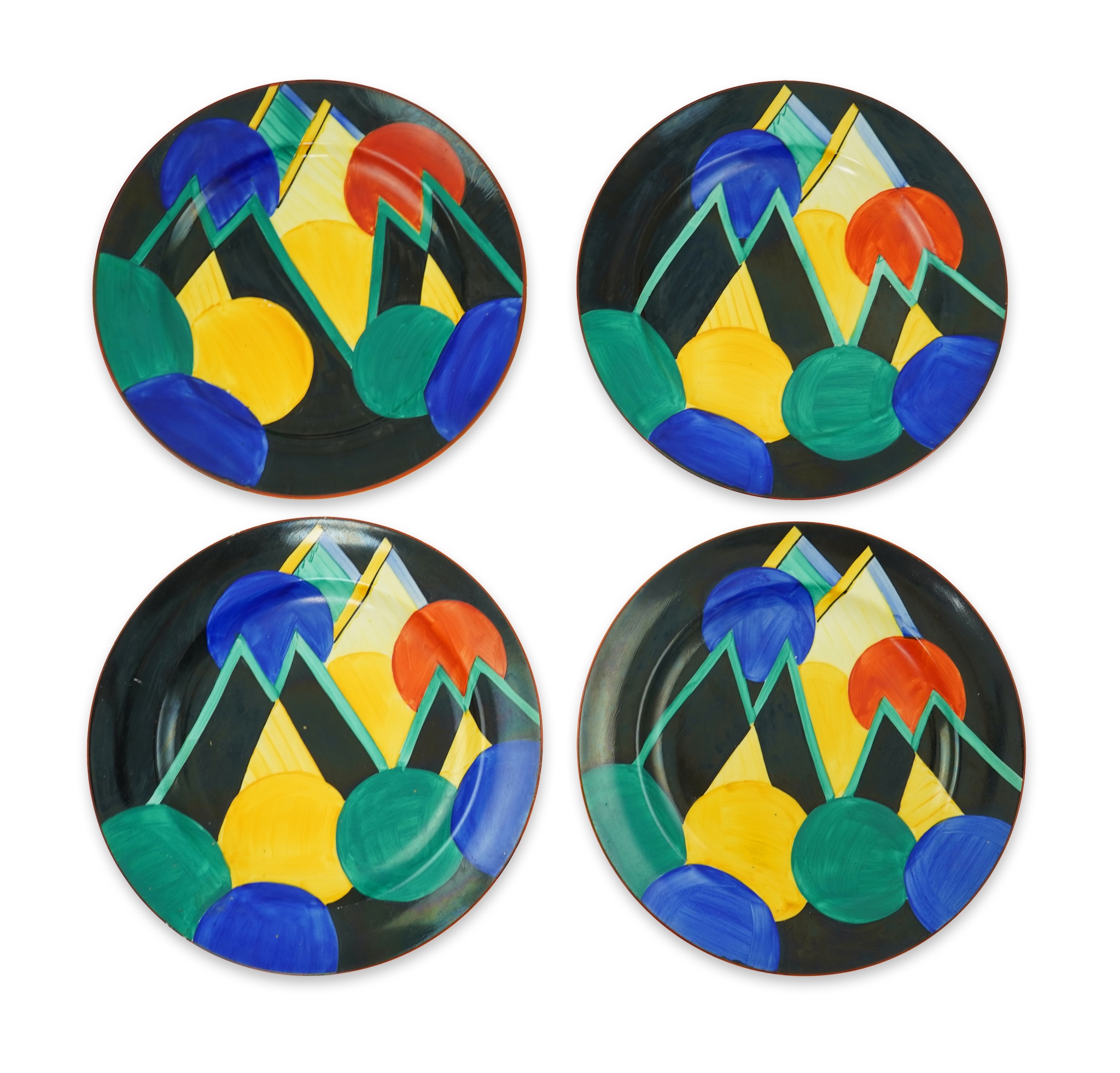 Susie Cooper OBE (1902-1995) for Gray's pottery: Four 'Moon and Mountain' pattern plates